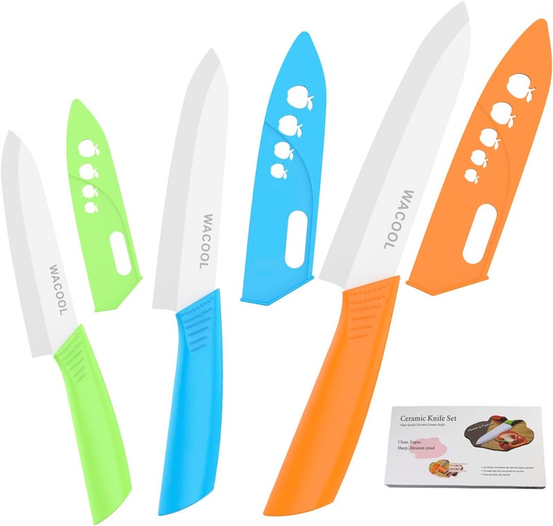WACOOL Ceramic Knife Set 3-Piece (6-inch Chef's Knife, 5-inch Utility Knife,4-inch Fruit Paring Knife), with 3 Knife Sheaths for Each Blade (Colorful Handle) - Image 1